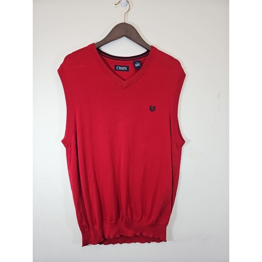 Chaps Mans sweater vest Red and Navy size L 100% Cotton‎ V Neck Vest